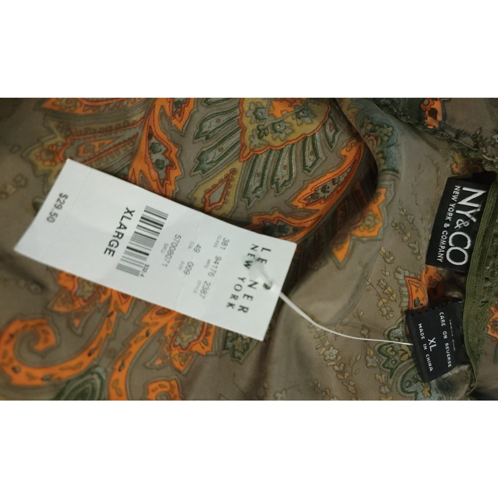 100% Silk Skirt NY & CO New With Tags Paisley Olive Green Boho Retro Knee length - Picture 2 of 6
